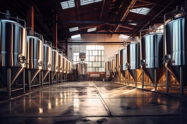 Fermentatiebrijvaten of keteltanks in een brouwerijfabriek Interieur van een brouwerijfabriek Fabriek voor de productie van bier Moderne productie van tapdranken Selectieve focus