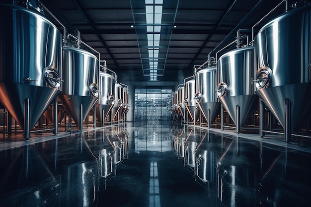 Fermentatiebrijvaten of keteltanks in een brouwerijfabriek Interieur van een brouwerijfabriek Fabriek voor de productie van bier Moderne productie van tapdranken Selectieve focus