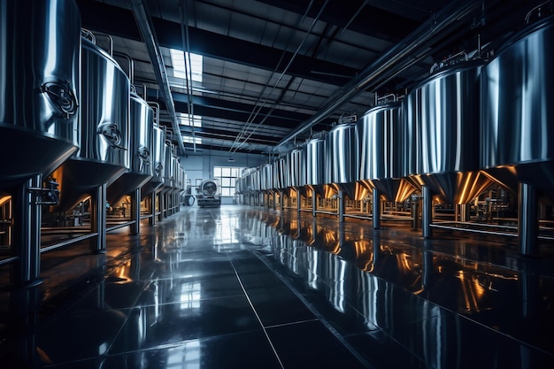 Fermentation mash vats or boiler tanks in a brewery factory Brewery plant interior Factory for the production of beer Modern production of draft drinks Selective focus