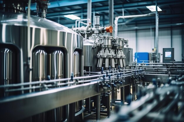 Fermentation mash vats or boiler tanks in a brewery factory Brewery plant interior Factory for the production of beer Modern production of draft drinks Selective focus