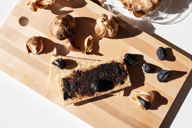 Fermented black garlic health food healthy nutrition fermented food selective focus