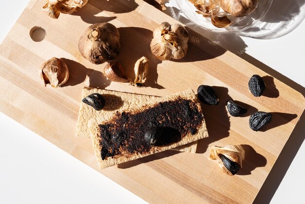 Fermented black garlic health food Healthy nutrition fermented food selective focus