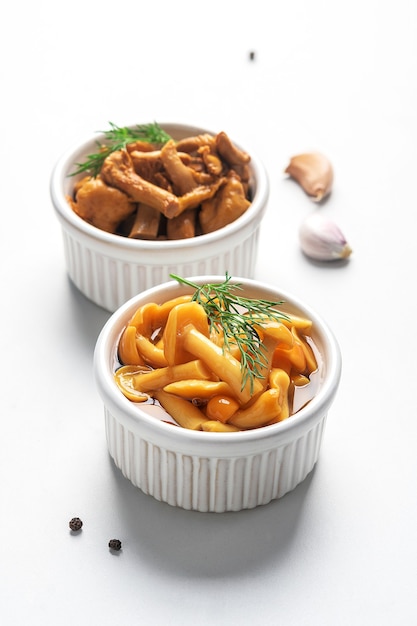 Fermented food. Canned mushrooms in bowls on a white background.