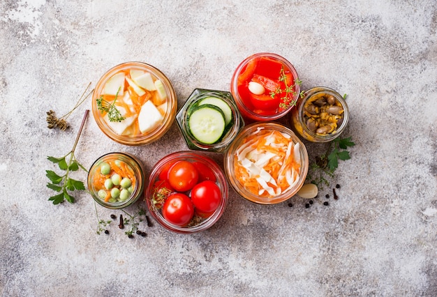 Fermented food. preserved vegetables in jars