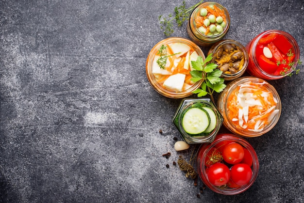 Fermented food. Preserved vegetables in jars