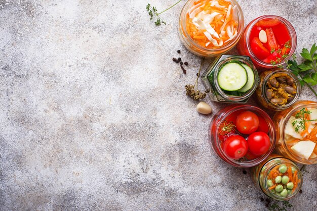 Fermented food. Preserved vegetables in jars