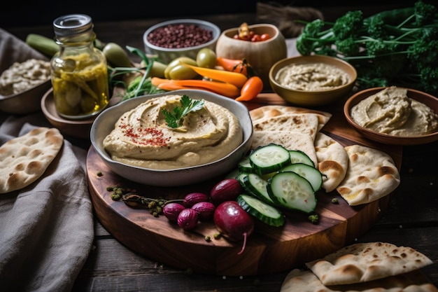 Fermented foods making plate with hummus pickles and flatbread created with generative ai