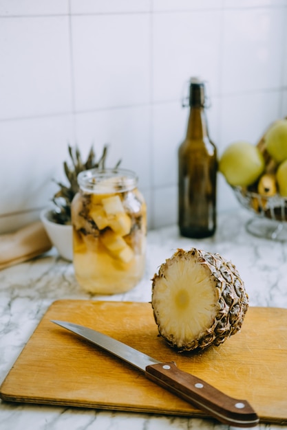 Fermented pineapple kombucha drink tepache cooking process of homemade probiotic superfood pineapple