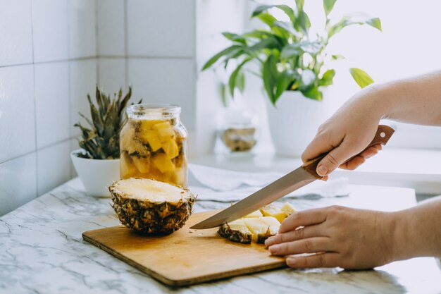 Fermented pineapple kombucha drink tepache cooking process of homemade probiotic superfood pineapple