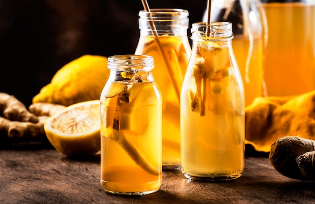 생 생강과 레몬차를 곁들인 발효 생 콤부차 건강 음료 바로 마실 수 있습니다.