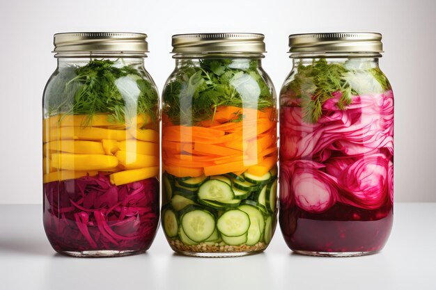 Fermented vegetables in jars isolated background professional food photography