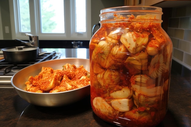 Fermenting kimchi bubbles visible in jar