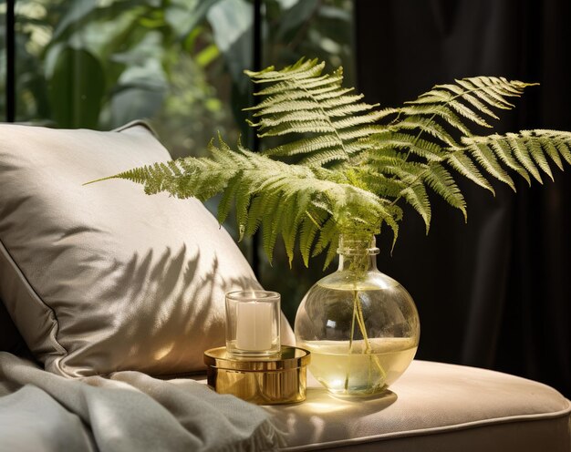 Photo fern in a clear vase is sitting on a gold pillow