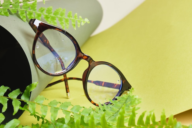 Foto felce e occhiali da vista su carta verde arrotolata, concetto di test della vista, bellissimi accessori di moda alla moda nel negozio di ottica