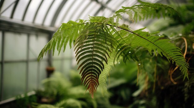 A fern in a greenhouse with a green roof