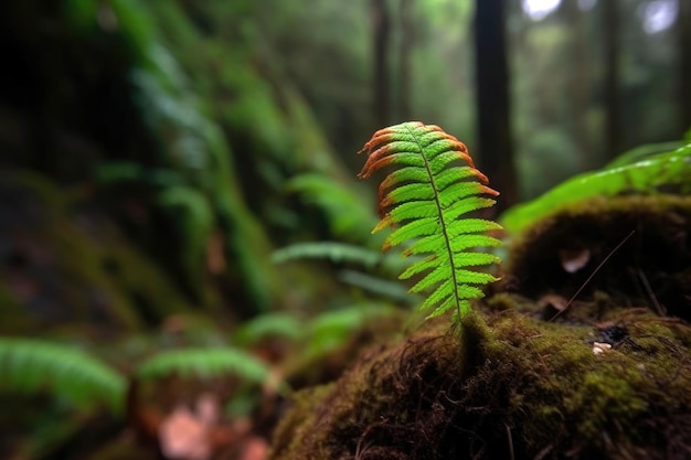 A fern growing in a mossy forest