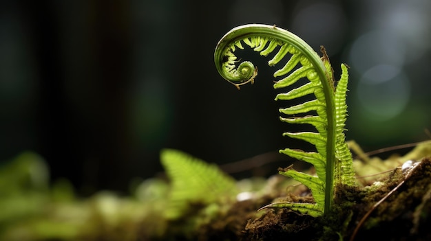 苔むしたプランターで育つシダ。