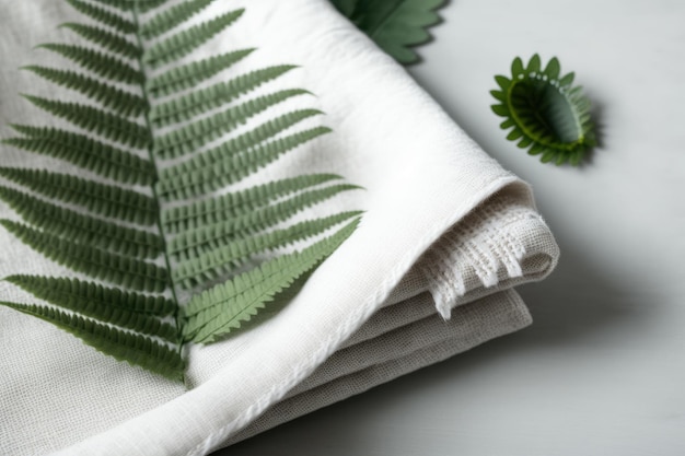 Fern leaf on a background of linen fabric Space copy space