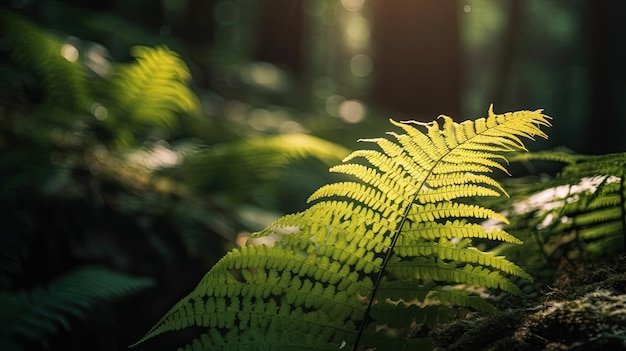 A fern leaf in the forest with the sun shining on it.