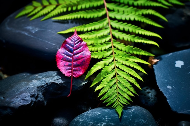 Photo fern leaf on stones in the style of intense color saturation high dynamic range naturalistic