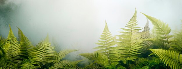 灰色の背景の左側のフェルンの葉 石の大理石の花の旗 エコロジカル・ボタニカル・ボーダー