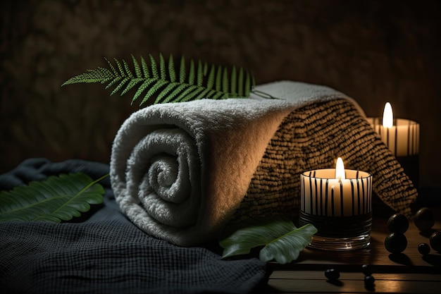 Un asciugamano di felce con candele e pietra calda nera su un legno illustrazione ai generative