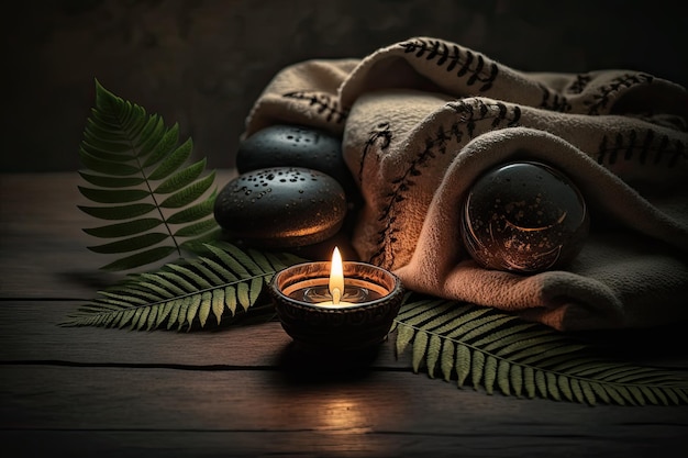 A fern towel with candles and black hot stone on a wooden Illustration AI Generative