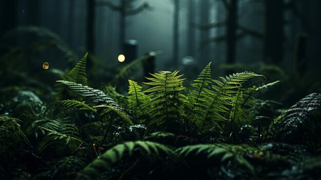 Photo ferns in the dark forest at night