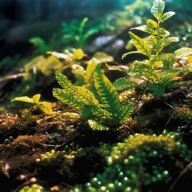 Ferns and ferns grow on the ground in a forest.