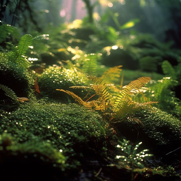 Ferns on the forest floor in the rain