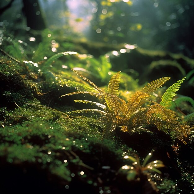 Ferns in a forest with sunlight shining on the ground