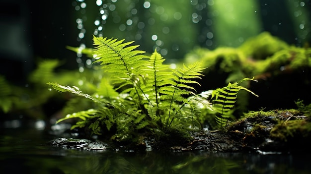 ferns in a forest with water drops.