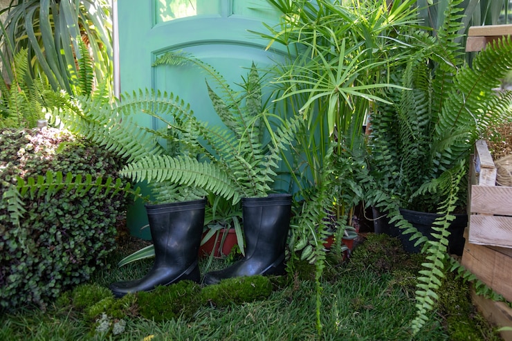 Photo ferns grow out of the gardener's old rubber boots. gardener's corner in the greenhouse. using outdated things in a new quality