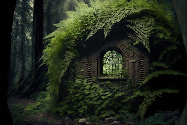 Ferns growing on fairy tale hut created with generative ai