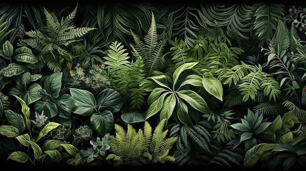 Ferns palms philodendrons and vivid leaves amidst lush tropical greenery background Generative AI