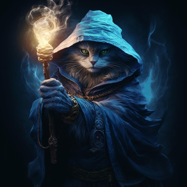 Photo the ferocious cat mage is casting a powerful spell blue ai generated art