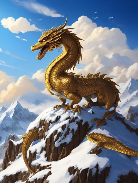 Ferocious fire fantasy dragon stands on top of a mountain tall and proud with wings spread wide s