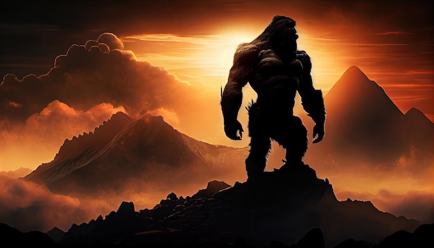 Ferocious King Kong on top of a mountain at sunset Generate Ai