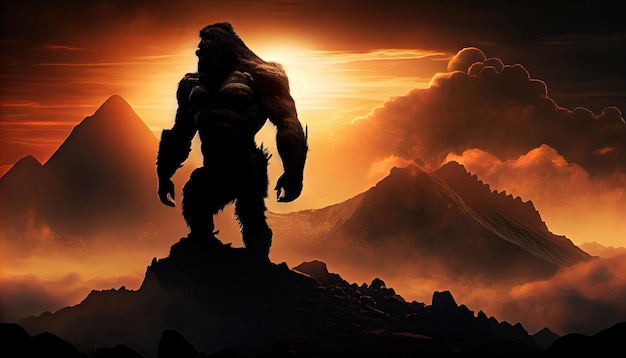 Ferocious King Kong on top of a mountain at sunset Generate Ai