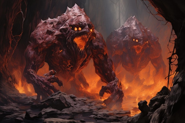 Ferocious lava golems born from volcanic eruptions with molten rock bodies Generative AI