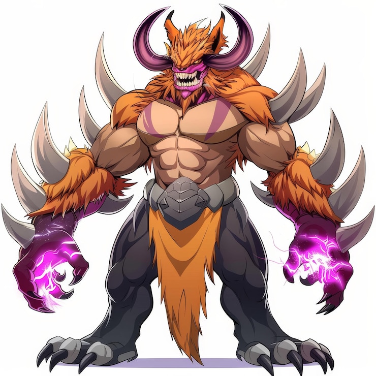 Photo a ferocious muscular orangefurred creature with horns and claws