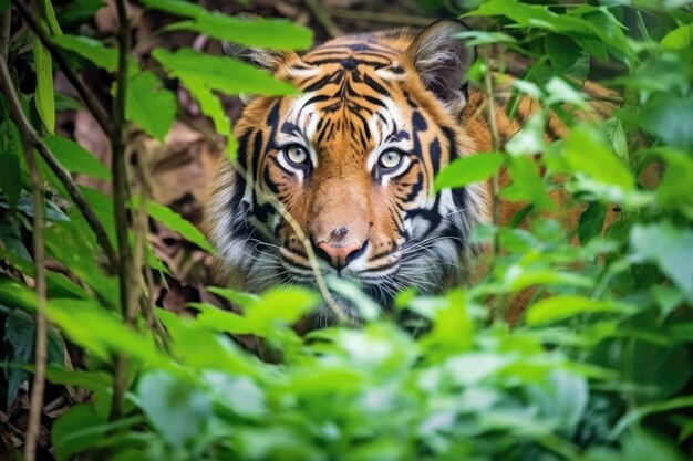 A ferocious tiger lurking in dense foliage