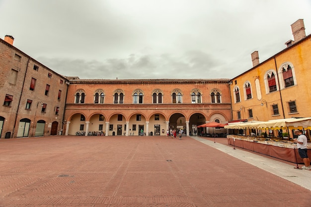 FERRARA, ITALY 29 JULY 2020 : Piazza municipale in Ferrara, a famous square in the historical city center of the Italian city