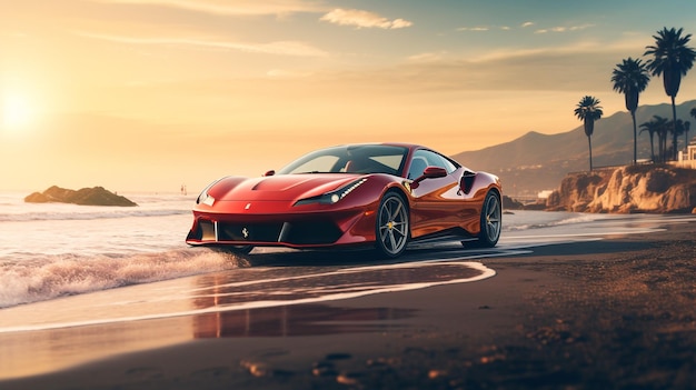 Ferrari and challenger combined background street and beach view