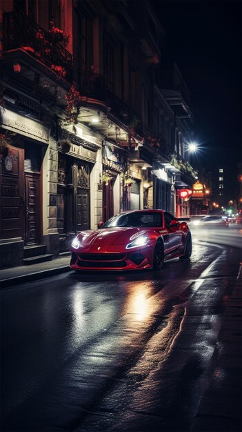 Ferrari drifting corner city dark shine 3d rendering