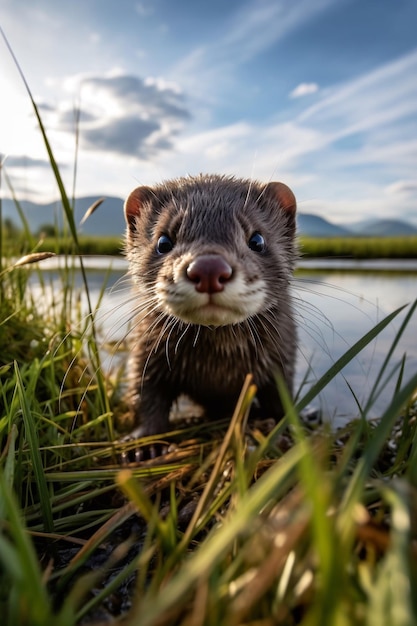 A ferret in the grass next to a lake