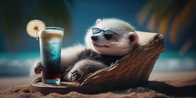 Ferret is op zomervakantie in de badplaats en ontspant op het zomerstrand