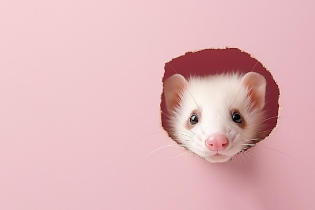 Ferret peeks in surprise through a hole in the paper on a pastel pink background with copy space