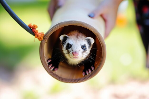 Photo a ferret playfully peeking out of a tube held by its owner