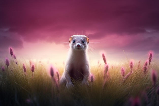 A ferret sits in a field of grass with a purple sky behind it.